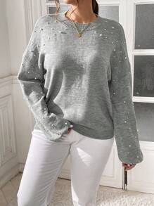 SHEIN Essnce Plus Size Women's Autumn And Winter Casual Loose Round Neck Long Sleeve Beaded Gray Pullover Sweater,Fall Women Clothes,Winter Tops,Fall Curv Outfits,Homecoming,Sweater Top - Grey - View 6