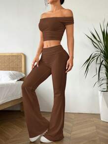 SHEIN EZwear 2 piezas Conjunto de parte superior y pantalones de unicolor con hombros descubiertos para mujeres - Marrón - Ver 5