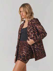 Easelle 女式豹纹长袖衬衫和裙子套装 - 棕色 - 查看 3