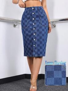 Women's Laser Engraved Checkerboard Design Casual Button Denim Skirt