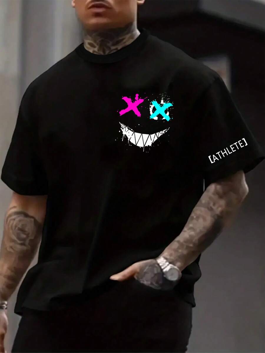 Manfinity Dauomo Nam Emoticon & Lá thư In Áo thun - màu đen - Xem 1