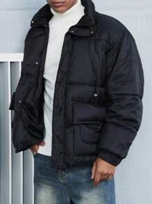 Manfinity Homme 男士羽绒棉衣，立领厚绗缝大衣，无帽，冬季 - 黑色 - 查看 1