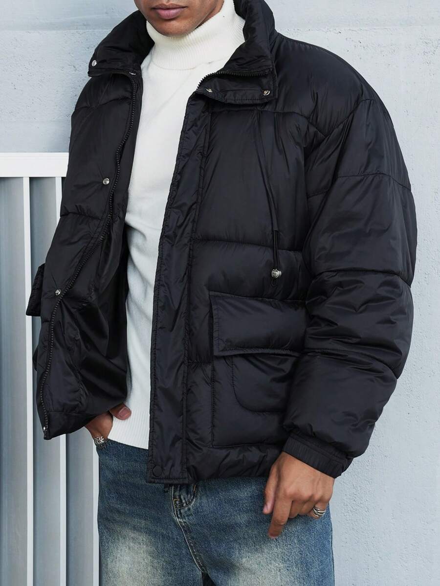 Manfinity Homme 男士羽绒棉衣，立领厚绗缝大衣，无帽，冬季 - 黑色 - 查看 1