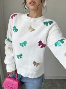 Chiquease Women's Crew Neck Long Sleeve Casual Pullover Sweater With Bow Pattern