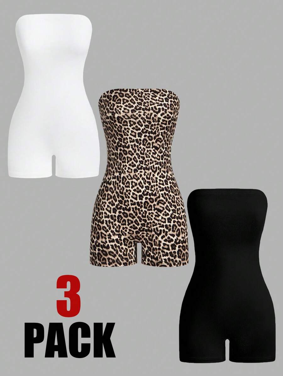 SHEIN EZwear 3 Pcs/Set Plus Size Women Casual Solid Color+Retro Leopard Print Jumpsuit, Suitable For Spring & Summer Everyday Wear - Multicolor - View 1