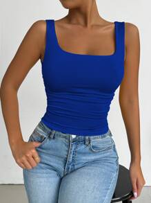 Chiquease Camiseta de tirantes ajustada de unicolor con cuello cuadrado y drapeado, casual de verano - azul real - Ver 6