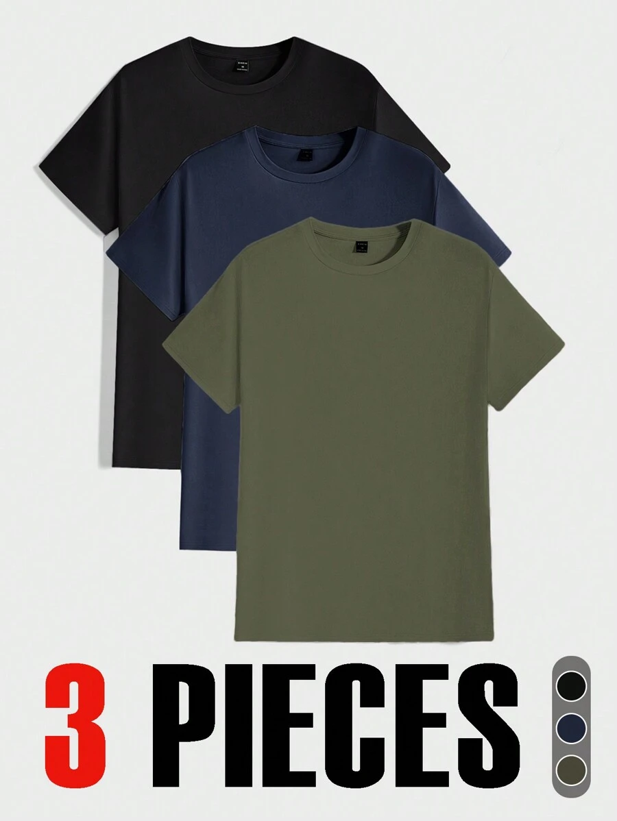 RueChic 100%Cotton Multi-Pack Round Neck All-Match T-Shirt - Army Green - View 1