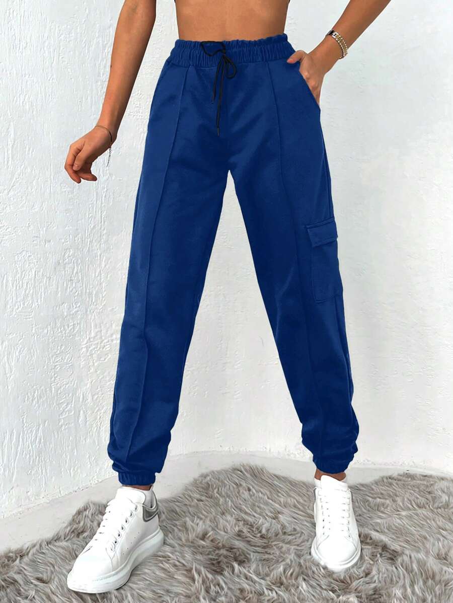 Cottnline Women's High Waist Elastic Drawstring Tapered Leg Solid Color Sweatpants - Blue - View 1