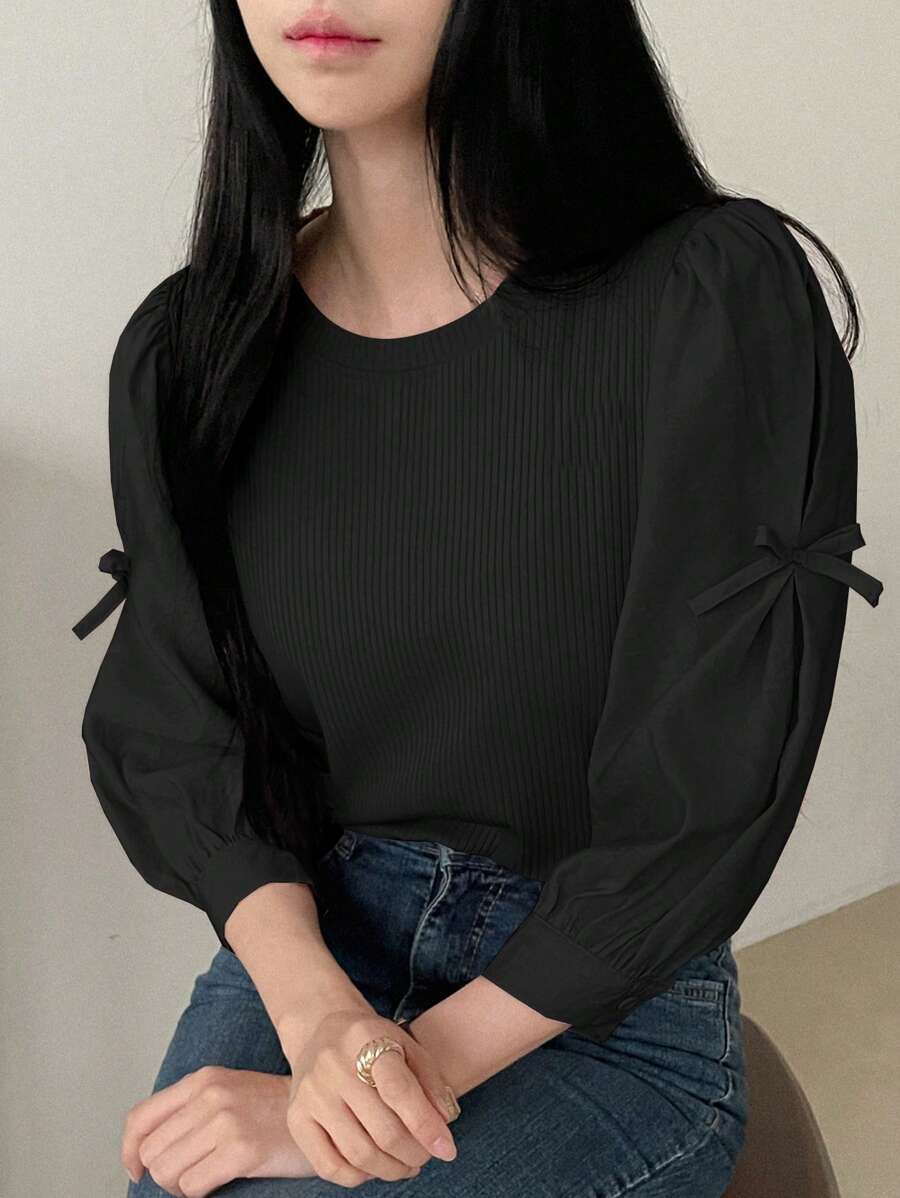 DAZY Women's Bow Decor Puff Sleeve Casual Business Shirt,Long Sleeve Tops - Black - View 1