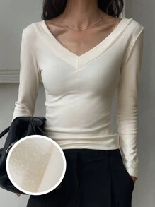 DAZY Camiseta de mujer de cuello en V de unicolor con forro térmico, casual y versátil para otoño e invierno