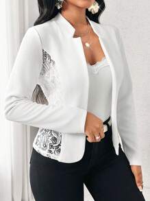 SHEIN Lady 秋季休闲优雅白色撞色蕾丝西装外套 - 黑色 - 查看 4