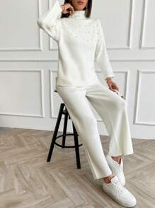 EURMUSE Women Pearl Detailed Sweater Two Piece Sets - White - View 4