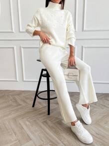 EURMUSE Women Pearl Detailed Sweater Two Piece Sets - White - View 1