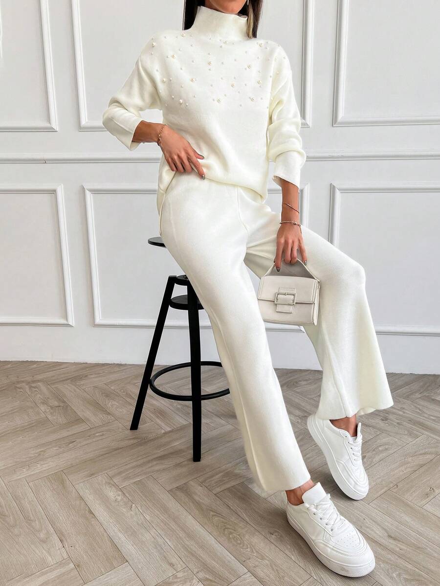 EURMUSE Women Pearl Detailed Sweater Two Piece Sets - White - View 1