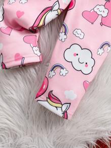 Bộ đồ ngủ vải nỉ in hình trái tim kỳ lân cho bé gái 2 món, áo sơ mi dài tay và quần dài, đồ ngủ mùa đông ấm áp - Hồng - Xem 6