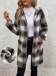 SHEIN Clasi 女士米色格子抽绳连帽拉链口袋大衣