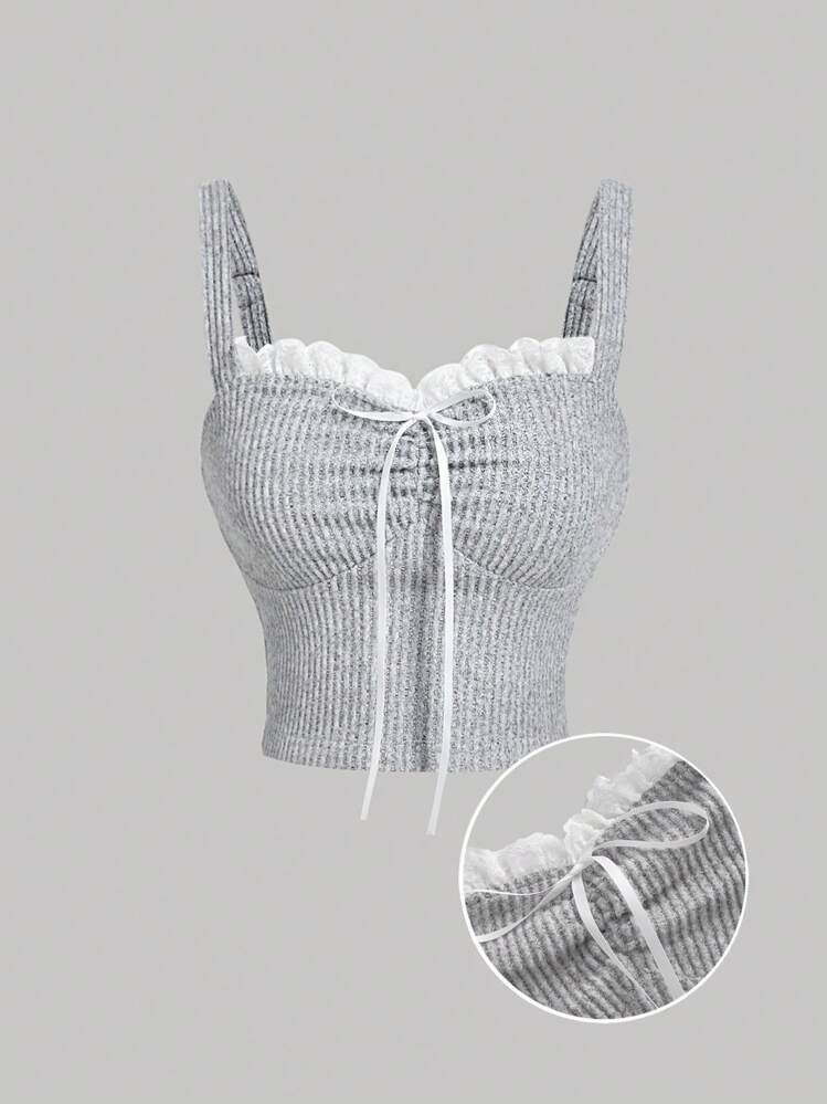 SHEIN MOD Grey Lace Trim Camisole Tank Top For Women,Cruise Women Outfits,Halloween Clothes,Fall Women,Sexy Top,Fall Tops,Cruise Women Outfits