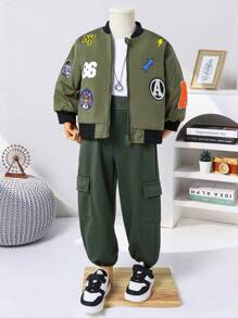 2pcs Young Boys' Streetwear Cartoon Print Jacket And Sweatpants Set, Comfortable And Breathable For Casual, Outdoor, School, Autumn/Winter - Army Green - View 1