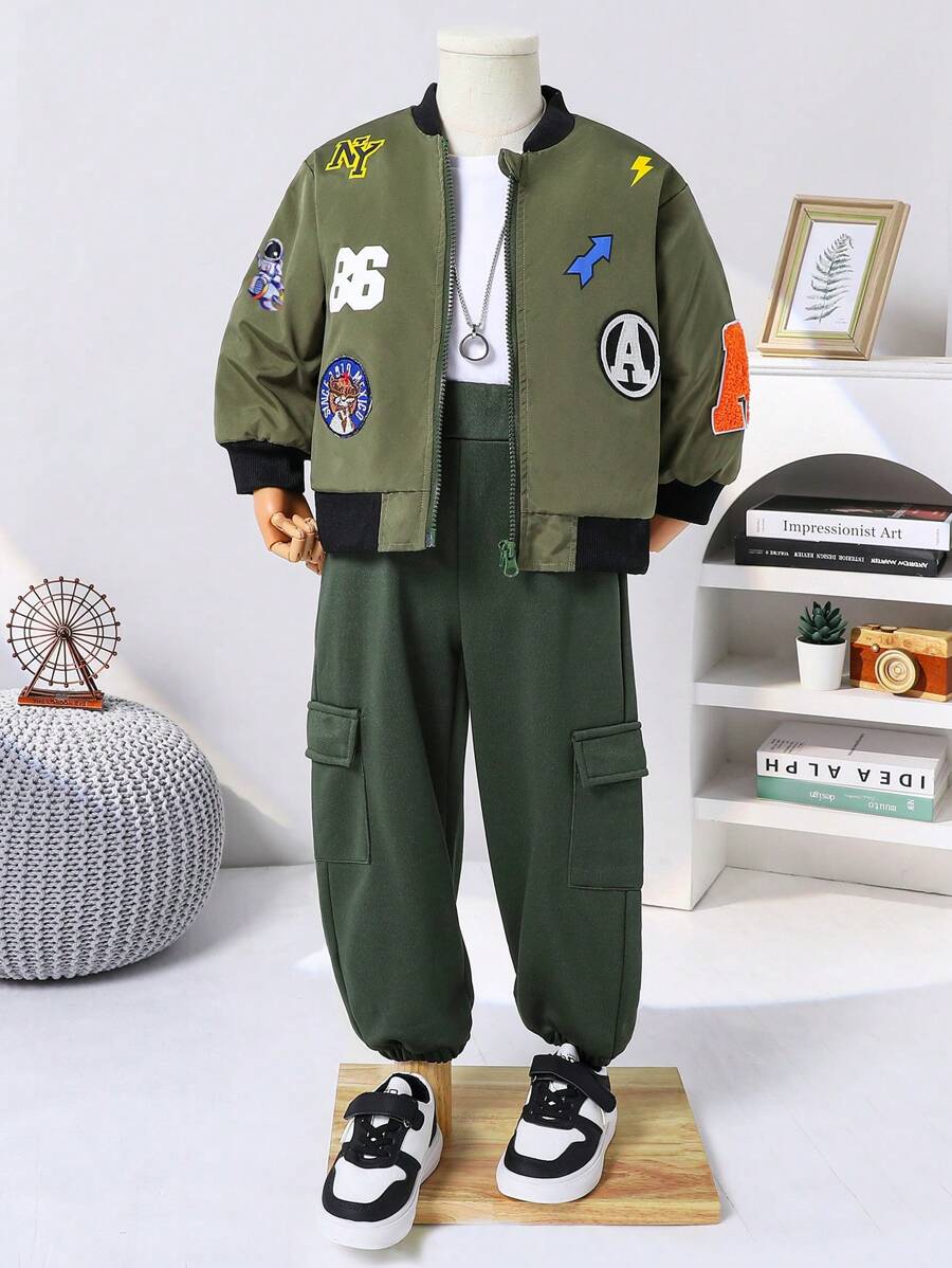 2pcs Young Boys' Streetwear Cartoon Print Jacket And Sweatpants Set, Comfortable And Breathable For Casual, Outdoor, School, Autumn/Winter - Army Green - View 1