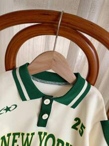 2pcs/Set Young Boys Letter, Star & Number Multicolor Print Polo Collar Half-Zip Sweatshirt And Contrast Color Pants, Comfortable And Breathable For Daily Wear, Outdoor Activities, Travel, School, Autumn/Winter - Green - View 3