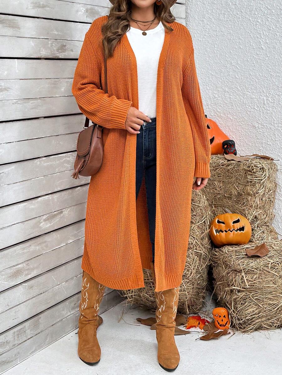 大码女式纯色长袖前开式休闲秋季开衫，秋冬款 - 亮橙色 - 查看 1