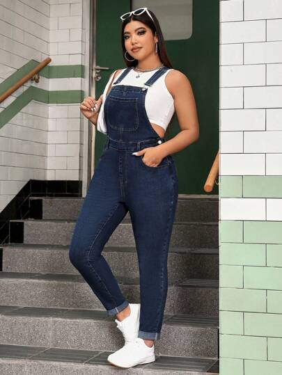 SHEIN ICON Plus Size Casual Washed Slim Fit Bib Denim Overall, For Summer
