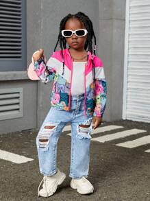 SHEIN Jaqueta casual solta com capuz e estampa de gato fofo em bloco de cores para meninas