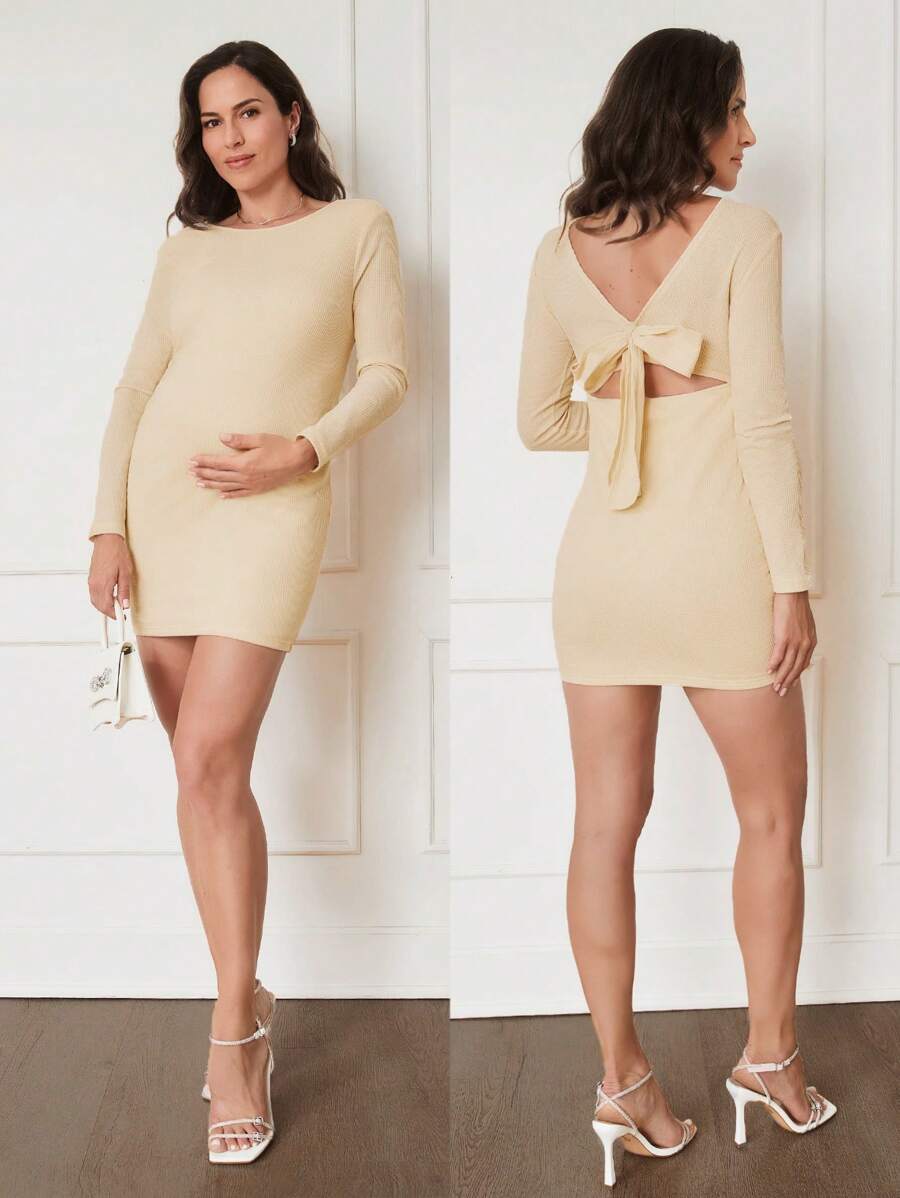 MaterniWear 孕妇系带紧身连衣裙，卡其色性感孕妇连衣裙，适合秋季