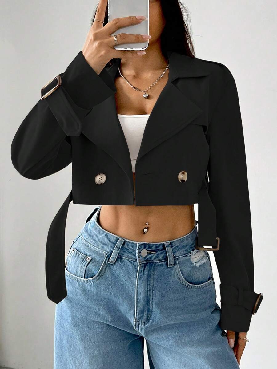 SHEIN EZwear Women's Solid Color Lapel Collar Long Sleeve Cropped Casual Trench Coat, Spring & Autumn - Black - View 1