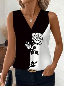 SHEIN Clasi 休闲优雅花卉印花宽松 V 领女式衬衫，适合夏季 - 黑與白 - 查看 4