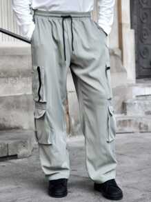 Manfinity Homme Men's Drawstring Waist Cargo Pockets Straight Loose Casual Pants - Green - View 4