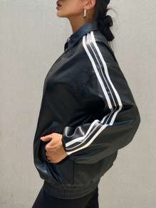 DAZY 女士宽松长袖 PU 领拼布丝带夹克，秋季女装 - 黑色 - 查看 5