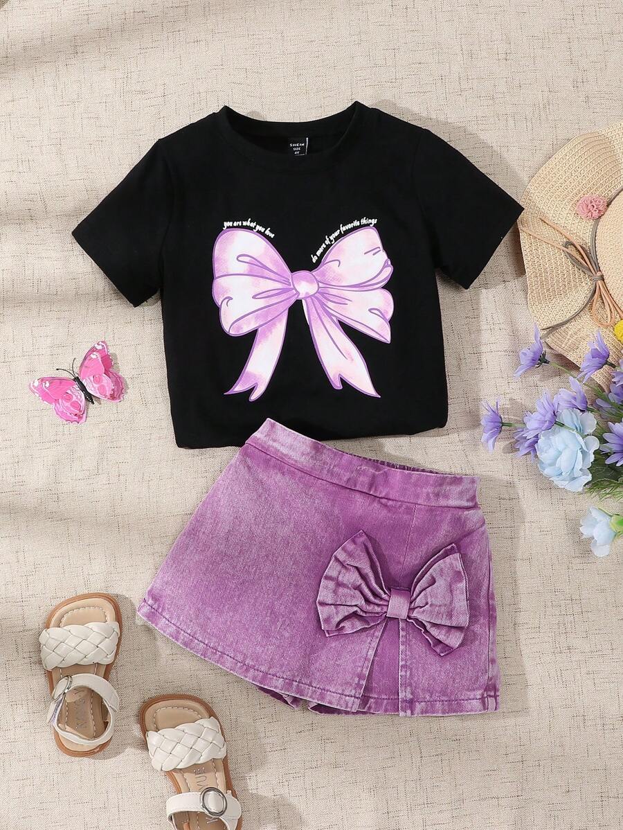 SHEIN 2pcs/Set Young Girl Cute Loose Fit Pink Bow Graphic T-Shirt & Magenta Bow Denim Skort Set, School, Campus, College Summer Holiday - Black - View 1