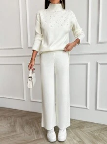 EURMUSE Women Pearl Detailed Sweater Two Piece Sets - White - View 3