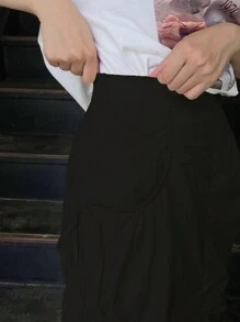 FRIFUL Women's Casual Solid Color Ruched Slit Skirt, Spring Autumn - Black - View 6