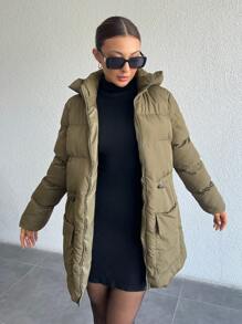 EURMUSE KHAKI PUFFER KEEP WARMING DRAW STRING BELT DETAIL WINTERCOAT - Khaki - View 7