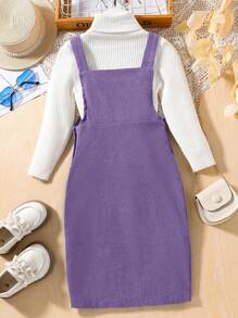SHEIN Tween Girl Solid Color Slip Corduroy Overall Dress - Minimalist & Fashionable, Classic High Waist Design, Spaghetti Strap, Soft & Breathable, Suitable For Summer Matchingholiday,Summer,Travel,Getaway - Purple - View 2