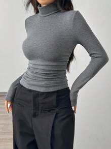 SHEIN EZwear 1pc Women's Gray Knitted Skinny Fit T-Shirt