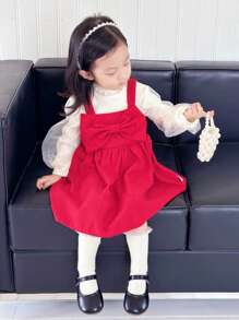 SHEIN 2 pièces Ensemble intérieur de robe salopette rouge avec décoration de nœud et manches lanternes pour bébés filles en automne et hiver, chaud - Nude - Voir 3