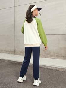 SHEIN 女童户外徒步露营森林垂钓城市休闲春秋休闲运动宽松插肩拼色连帽卫衣套装 - 杏色 - 查看 6