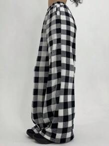 DAZY Quần nỉ kẻ caro có dây rút eo cho nữ - Đen và trắng - Xem 5