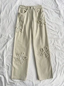Soleia 女士棉质刺绣 3D 花卉休闲裤，适合假期穿着 - 米色 - 查看 5
