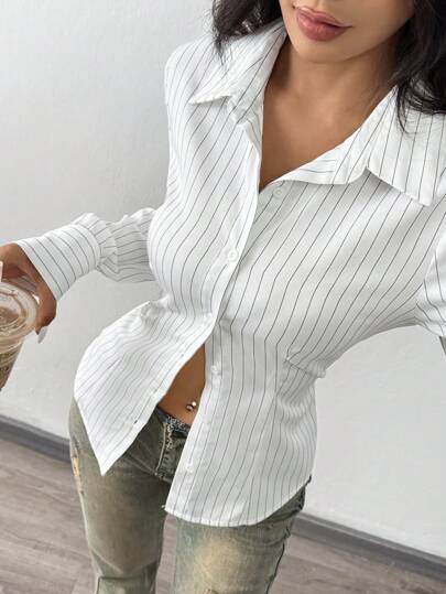 SHEIN EZwear Solid Color Striped Long-Sleeved Shirt