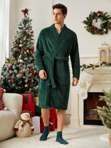 男士纯色长袖羊毛浴袍，秋冬 - 墨綠色 - 查看 6