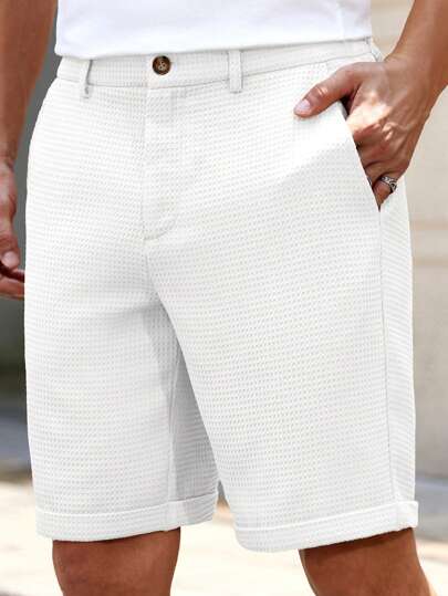 Manfinity BRENVOR Men's Woven Solid Color Short Mid-Waist Straight Leg Shorts, Fits Daily Wear Spring & Summer
