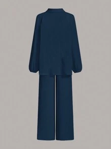 SHEIN Essnce Bộ 2 áo thun rút dây thấm mồ hôi mặc ngoài trời cho nữ và quần dài rộng rãi - Màu xanh hải quân - Xem 2