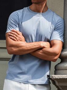 Manfinity Homme Áo thun nam cổ tròn tay ngắn màu trơn họa tiết thường ngày, mùa hè - Màu xanh lam - Xem 3