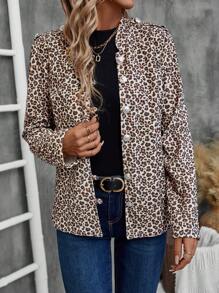 SHEIN LUNE Women's Leopard Print Button Front Casual Jacket, Long Sleeve - Multicolor - View 5