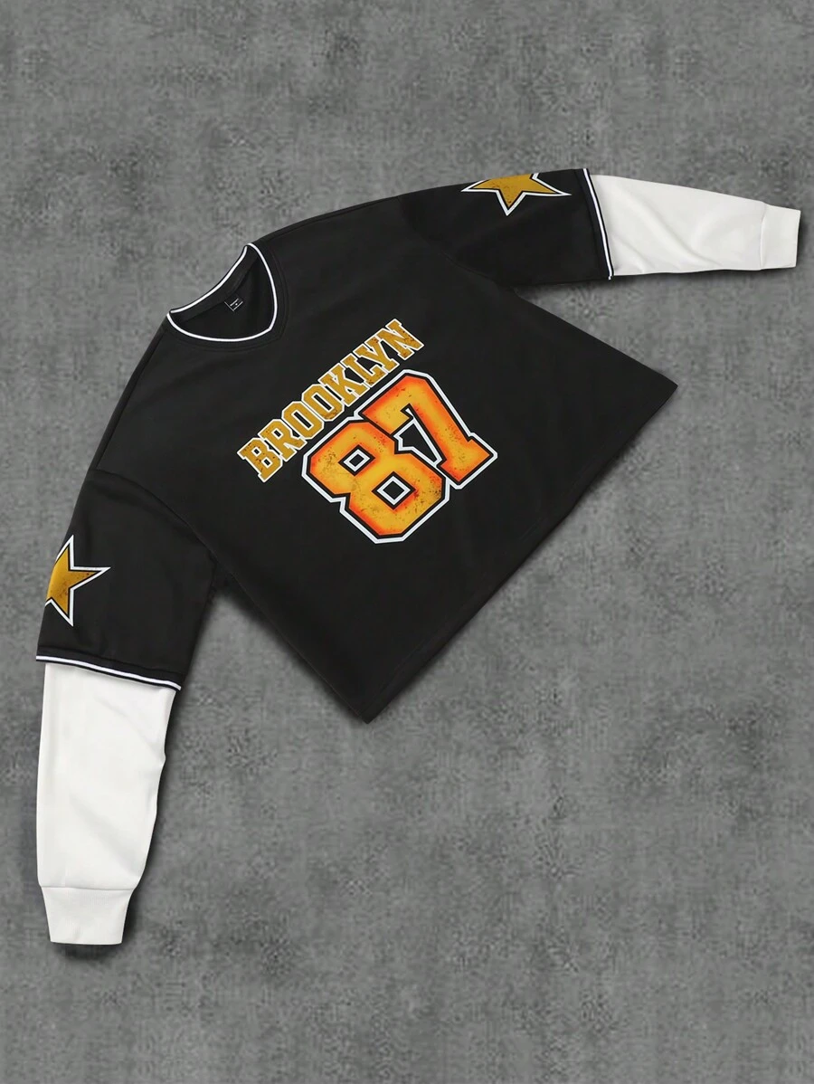 Manfinity Campus Court Herren Kontrast-Farbdruck Langarm Sweatshirt, Streetwear Jersey, für den Herbst - Schwarz - Übersicht 1