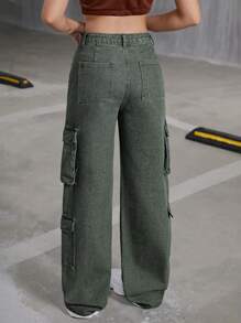 SHEIN Jeans rectos con bolsillo con solapa de cintura baja, moda Y2K para adolescentes, ropa de calle para volver al colegio - Verde militar - Ver 2
